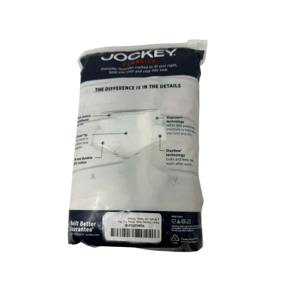 Jockey Classics Men's 36 Full Rise‎ Briefs 4-Pack 100% Cotton White NEW.